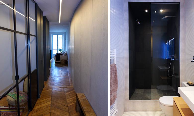Couloir et salle de bain contemporain dans un studio transformé en appartement contemporain dans le cadre d'un projet d'architecture d'intérieur