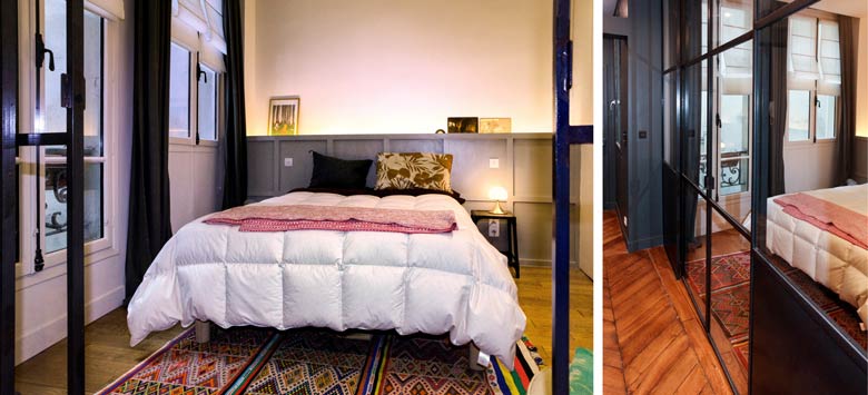 Une chambre à coucher avec paroie industrielle au style moderne dans un appartement contemporain de deux pièces