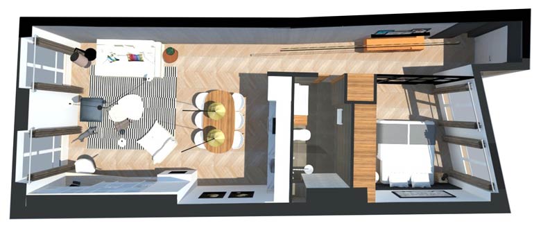 Vue 3D d'ensemble de l'étude d'architecture d'intérieur concernant la transformation d'un studio en appartement 2 pièces
