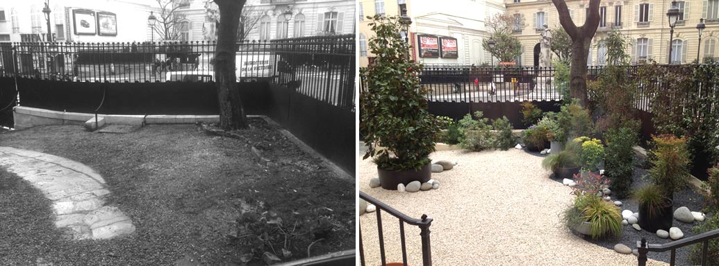 Avant après : aménagement d'un jardin dans la cour d'un hôtel ... Amenagement jardin 100m2