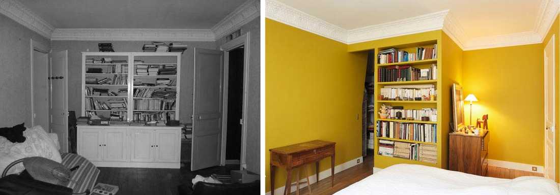 Avant - aprés salon d'un appartement aprés renovation par un architecte d'intérieur à Paris