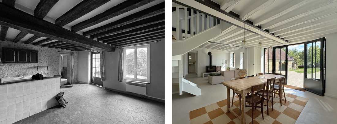 Avant - Après : création d'une pièce de vie ouverte avec escalier dans une maison ancienne du Perche