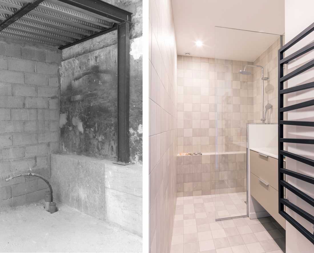 Aménagement d'une salle de bain dans un loft par un architecte d'intérieur en photo avant-après