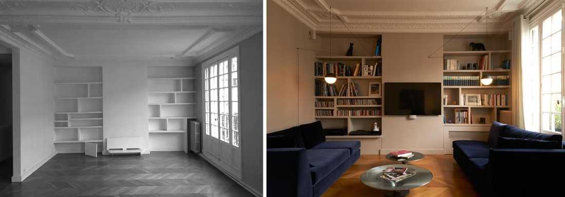 Architecture d'intérieur d'un salon - séjour avec une bibliothéque intégré et un coin TV