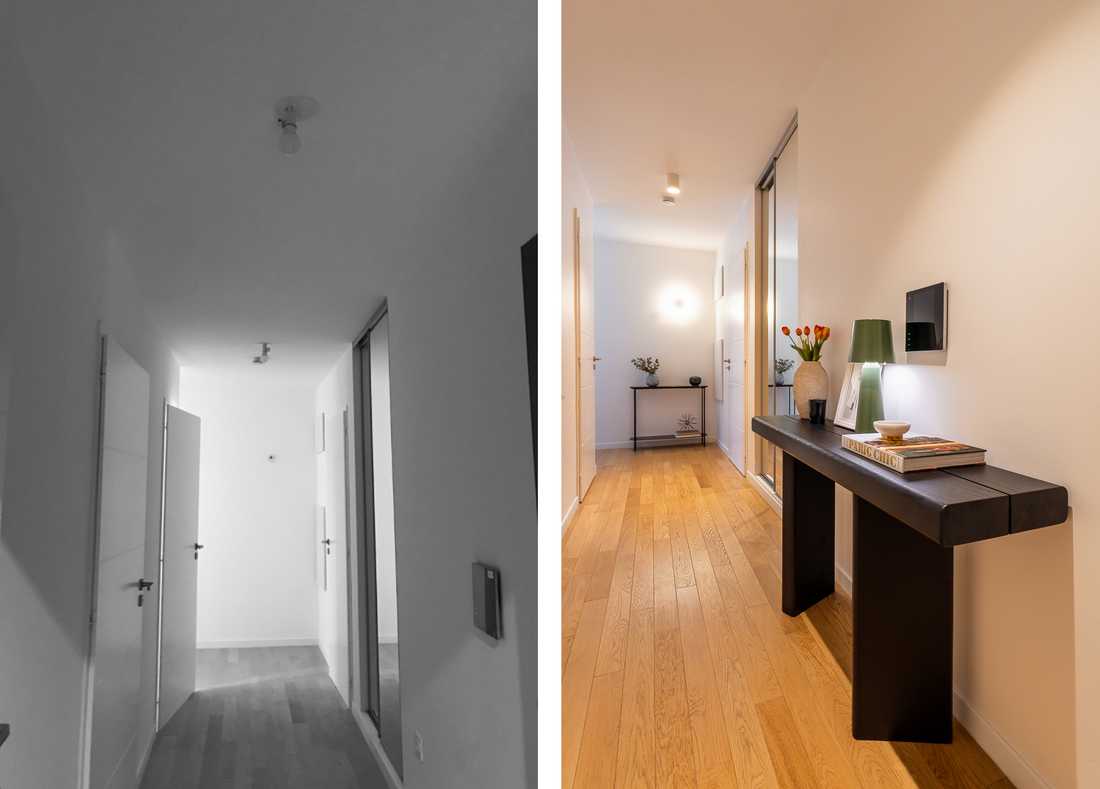 Photo avant-après de l'entrée de l'appartement après les travaux modificatifs acquéreurs (TMA)