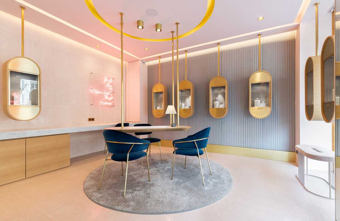 Interior design of a high-end jewelry store in Paris