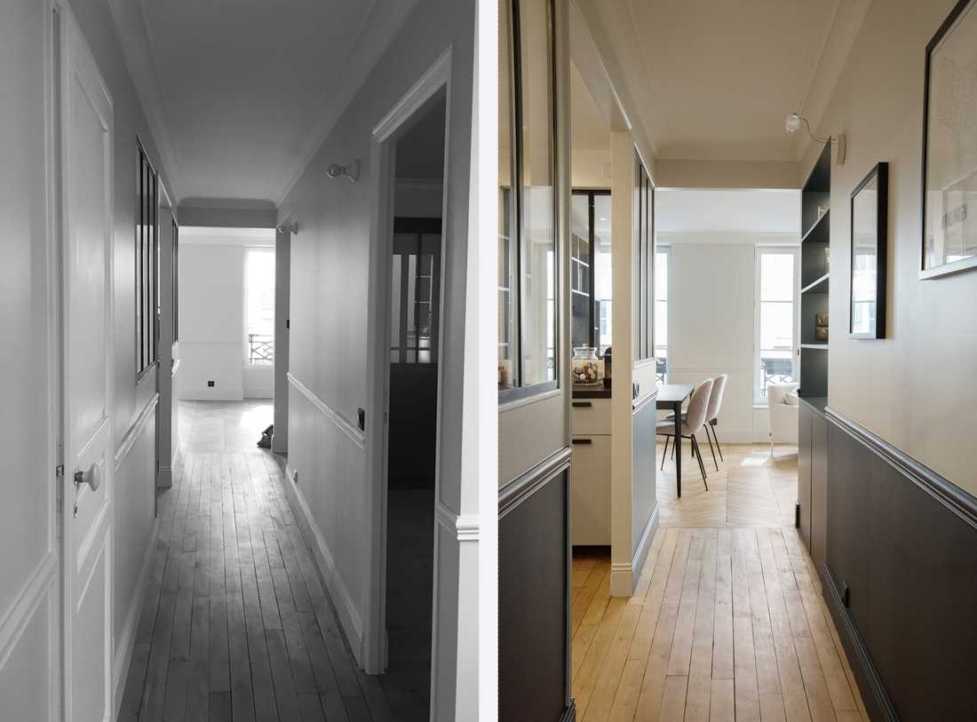 Avant-Après : aménagement d'un couloir - entrée par un architecte d'intérieur en Ile de France