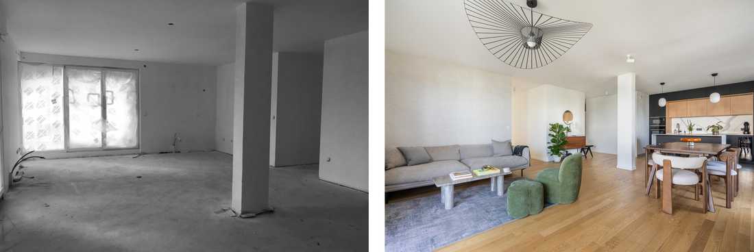 Aménagement du salon d'un appartement livré brut avec un pilier central