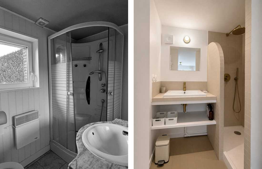 Avant - Après : rénovation de la salle de bains avec douche maçonnée et robinetterie en laiton
