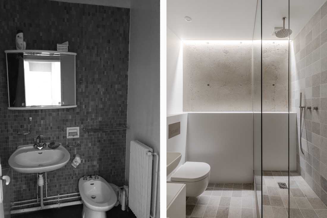 Avant - après : Rénovation de la salle de bain d'un appartement des années 70 à Paris