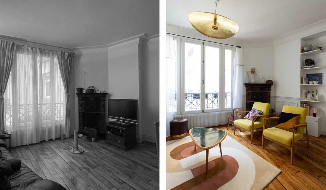 Avant - Après : Rénovation du salon d'un appartement haussmannien de 60 m² par un architecte d'intérieur
