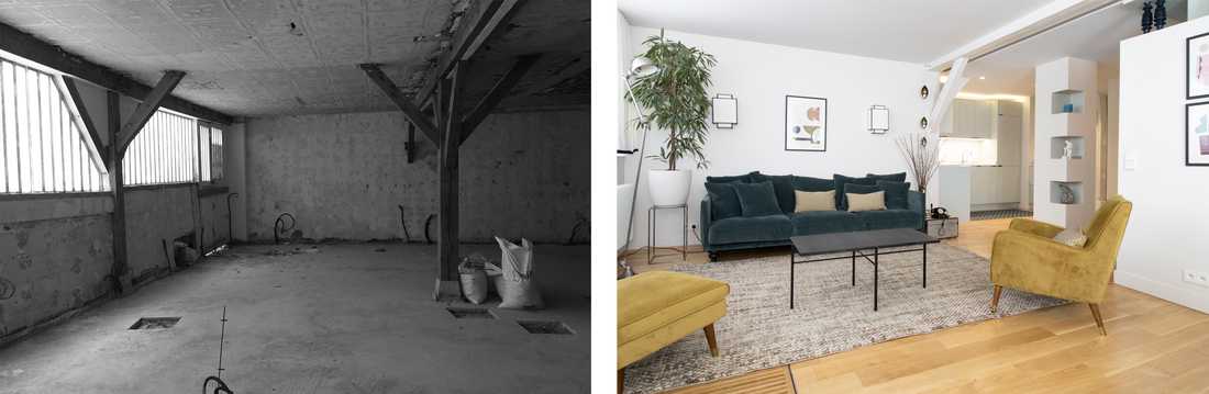 Avant-Après : Espace salon aménagé dans un appartement de type loft 
