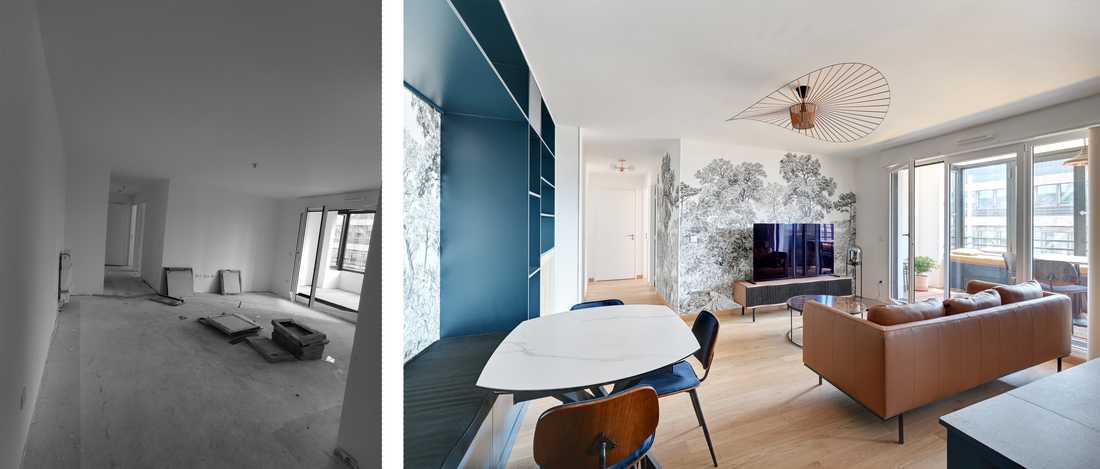 Avant - Après : Aménagement d'un coin salon TV par un architecte d'intérieur à Bois Colombe