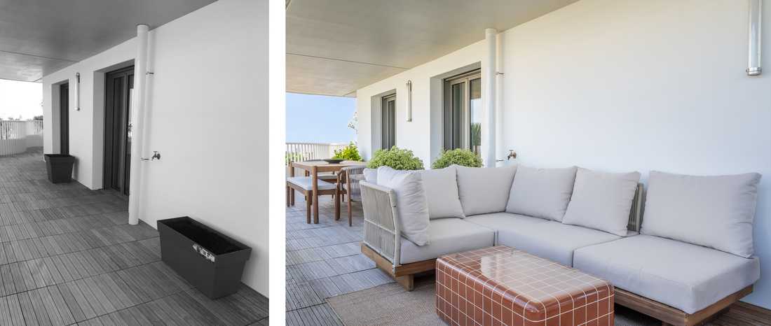 Photo avant-après d'aménagement de la terrasse d'un appartement avec des travaux modificatifs acquéreurs