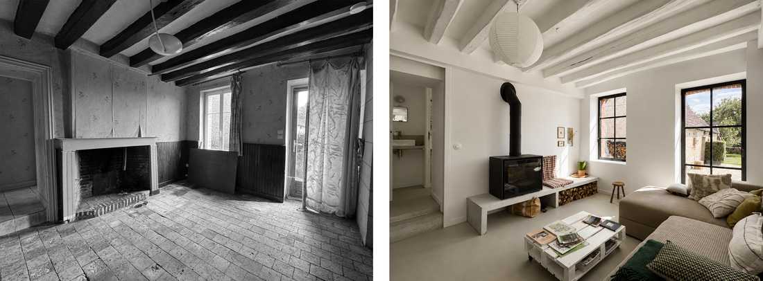 Avant - Après : salon avec poêle à bois et poutres anciennes peintes en blanc