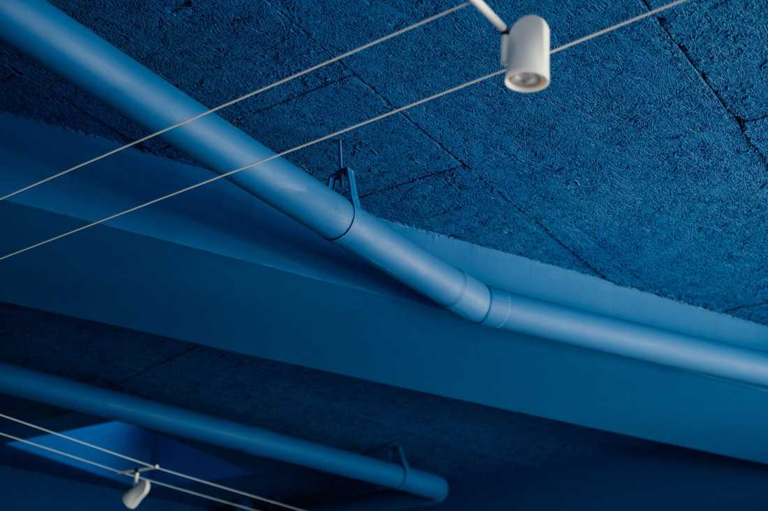 Aménagement d'une librairie à Paris 15 - Plafond bleu profond et éclairage