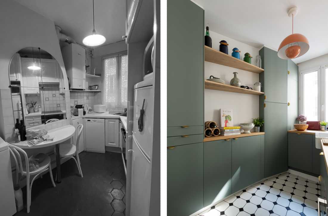 Avant - Après : Cuisine rénovée par un architecte dans un appartement haussmannien de 60 m²