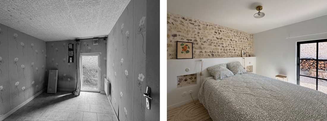 Avant - Après : chambre avec mur en pierres apparentes
