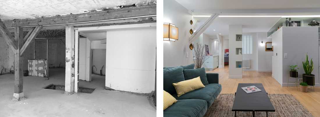 Avant-Après : pièce de vie de type loft dans une ancienne imprimerie