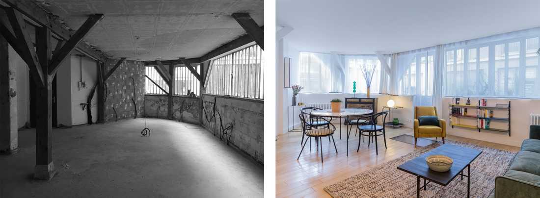Avant-Après : transformation d'un bâtiment industriel en loft avec baie vitrée façon atelier
