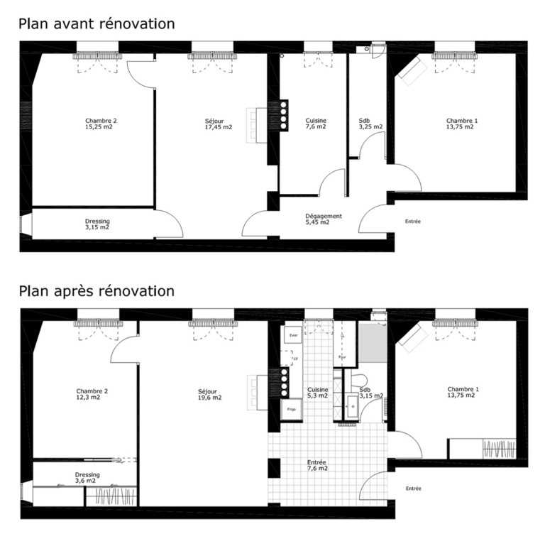 Plan de la rénovation d'un appartement par un architecte d'intérieur