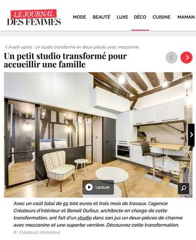 Article avant-après du Journal des femmes sur la transformation d'un petit studio en appartement familial