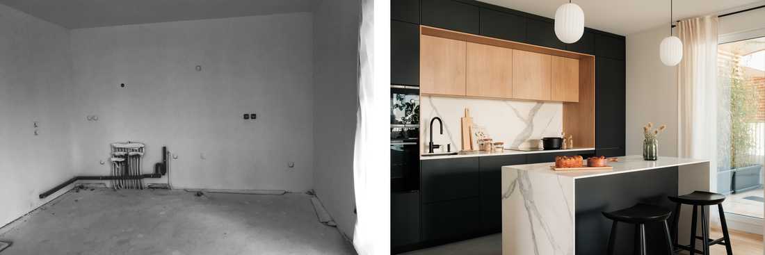 Photo avant-après de l'aménagement d'une cuisine ouverte dans un appartement livré brut à Rueil-Malmaison (92)