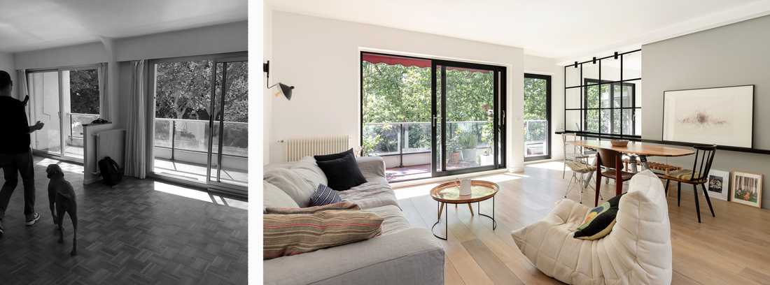 Avant-aprés : aménagement du séjour d'un appartement des années 70 par un architecte d'intérieur à Paris