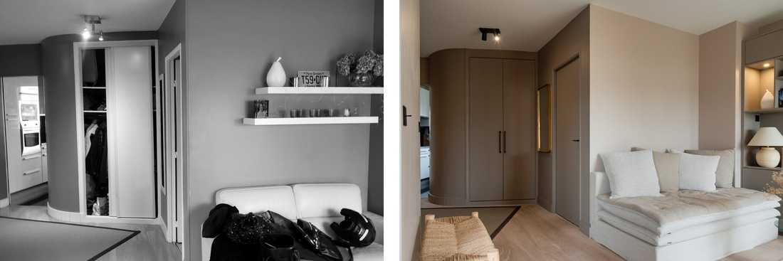 Avant-après : l'entrée avec mur taupe et placard sur mesure élégant