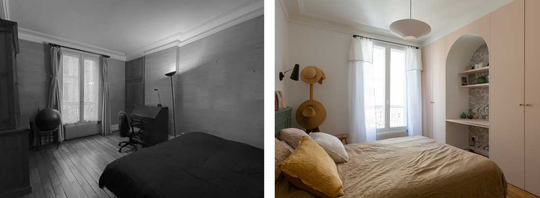 Avant - Après : Aménagement d'une chambre parentale avec des rangements intégrés et un petit bureau en alcôve