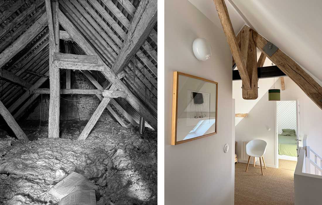 Avant - Après : palier de l'étage créé dans les combles de la maison