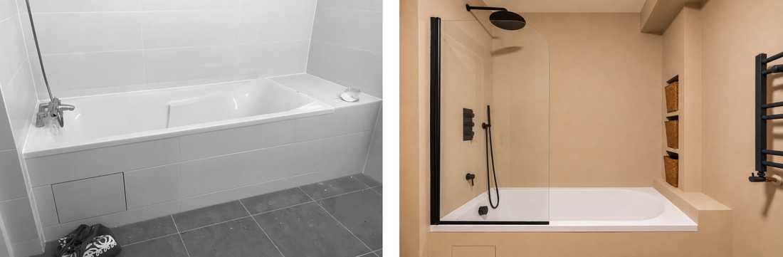 Photo avant-après de l'aménagement d'une salle de bain avec baignoire dans un appartement de 110 m² à Rueil-Malmaison (92)