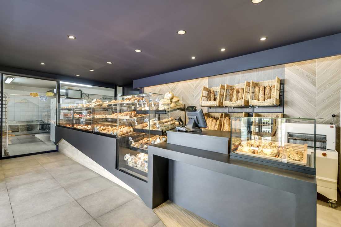 Présentoire d'une boulangerie réalisé sur mesure par un architecte d'intérieur à Paris
