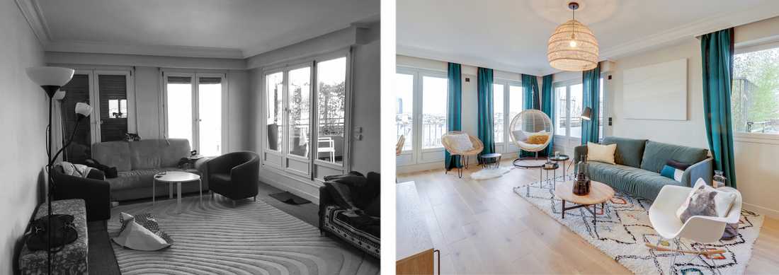 Avant - après : Aménagement du salon d'un appartement des années 60 par un architecte d'intérieur à Paris