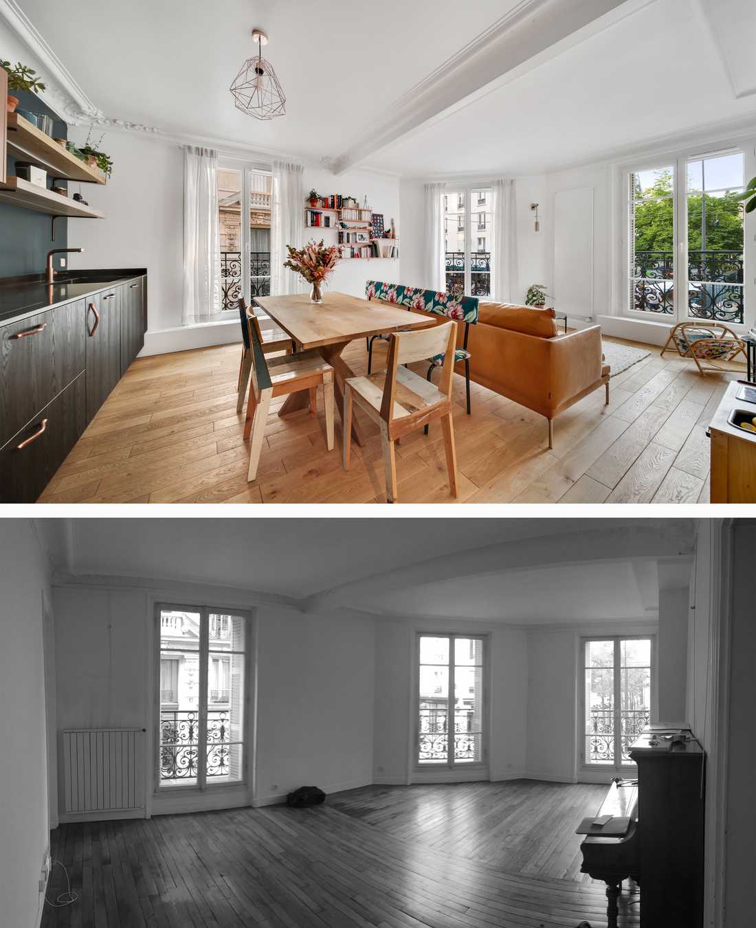 Before and after photo of the energy renovation of an apartment in Paris