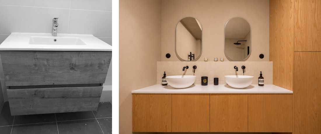 Photo avant-après de la salle de bain après les travaux demandés au promoteur