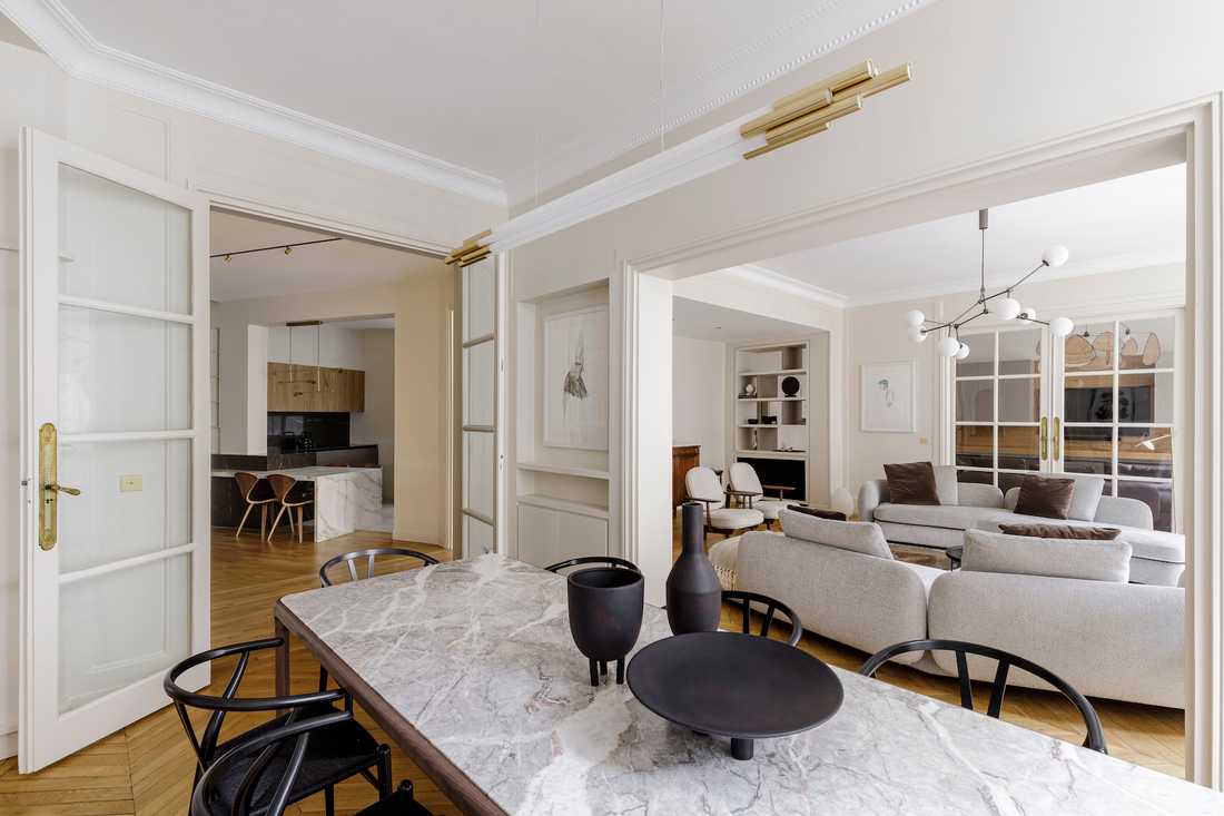 Rénovation complète appartement Art Déco - vue ensemble salon, cuisine, salle à manger
